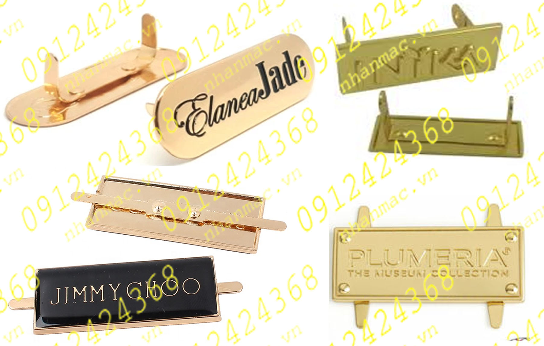 TDN16- Tem kim loại đúc nổi làm logo nhãn mác thời trang đồ da vali túi xách được gia công chân ghép liền tự bẻ ở phía sau