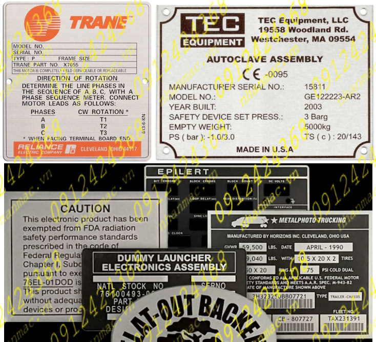 TLNM4- Tem kim loại làm logo nhãn mác máy móc động cơ ghi rõ thông số kĩ thuật