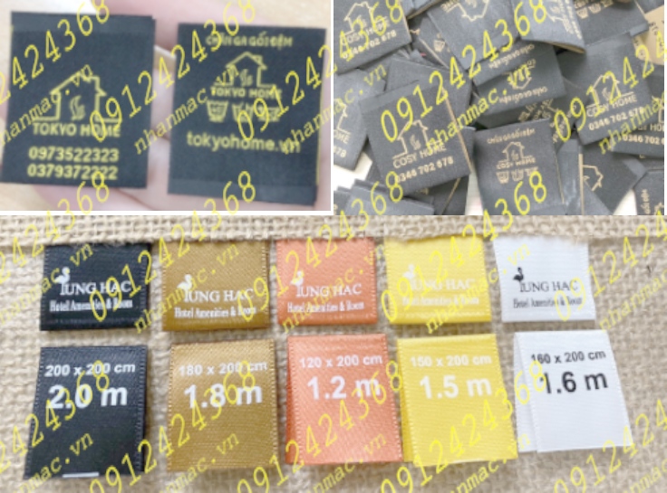 NSLV14  Nhãn Cotton Satin lụa vải in thêu dệt phù hiệu tem mác đồng phục áo quần làm tm nhãn chăn ga