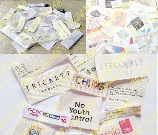 NSLV18  Nhãn Cotton Satin lụa vải in thêu dệt phù hiệu tem mác đồng phục áo quần được gia công