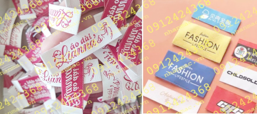 NSLV23 Nhãn Cotton Satin lụa vải in thêu dệt phù hiệu tem mác đồng phục áo quần được CT Thiên Lương CC