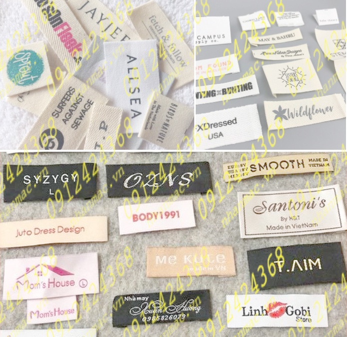 NSLV27 Nhãn Cotton Satin lụa vải in thêu dệt phù hiệu tem mác đồng phục áo quần được TL SX từ MMHD