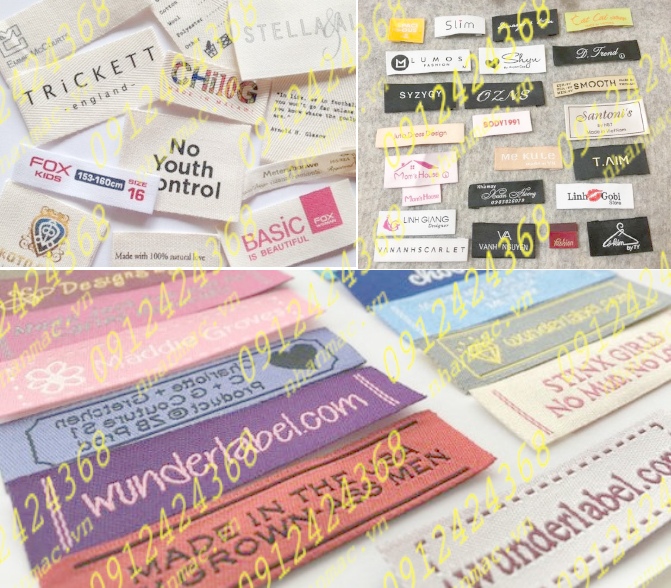 NSLV28 Nhãn Cotton Satin lụa vải in thêu dệt phù hiệu tem mác đồng phục áo quần được TL SX CLC